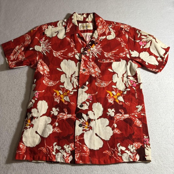 Vintage Kamehameha Shirt‎ Mens Medium Red Floral Hawaiian Rayon Loop Collar 60s